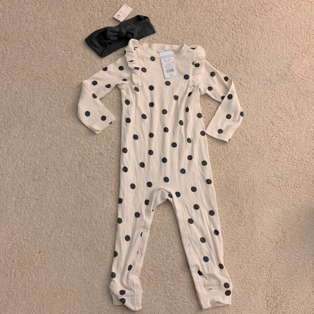 NWT Cat and Jack baby girl ruffle ribbed one piece w headband